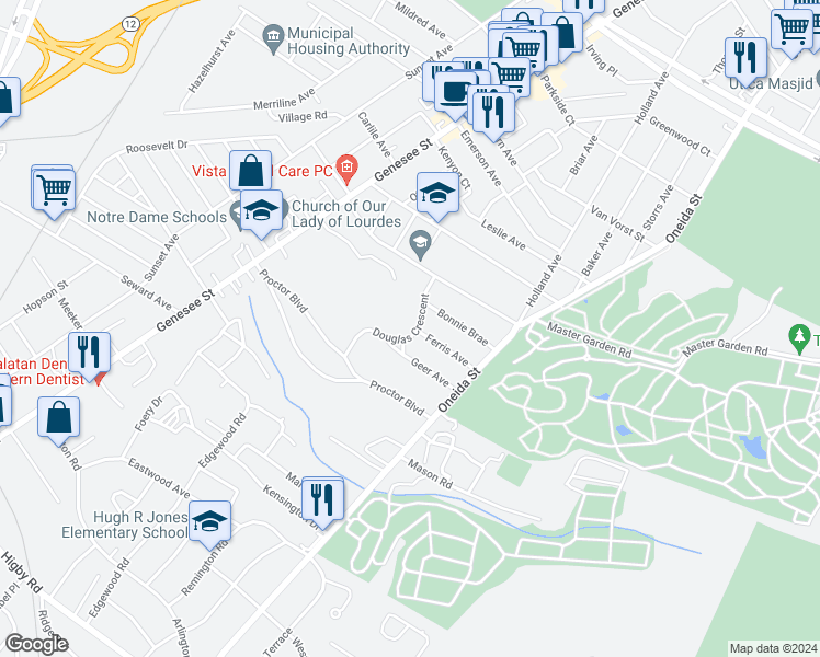 map of restaurants, bars, coffee shops, grocery stores, and more near 2208 Douglas Crescent in Utica