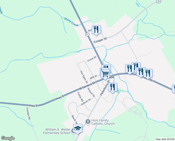 map of restaurants, bars, coffee shops, grocery stores, and more near 12 North Sconondoa Street in Vernon