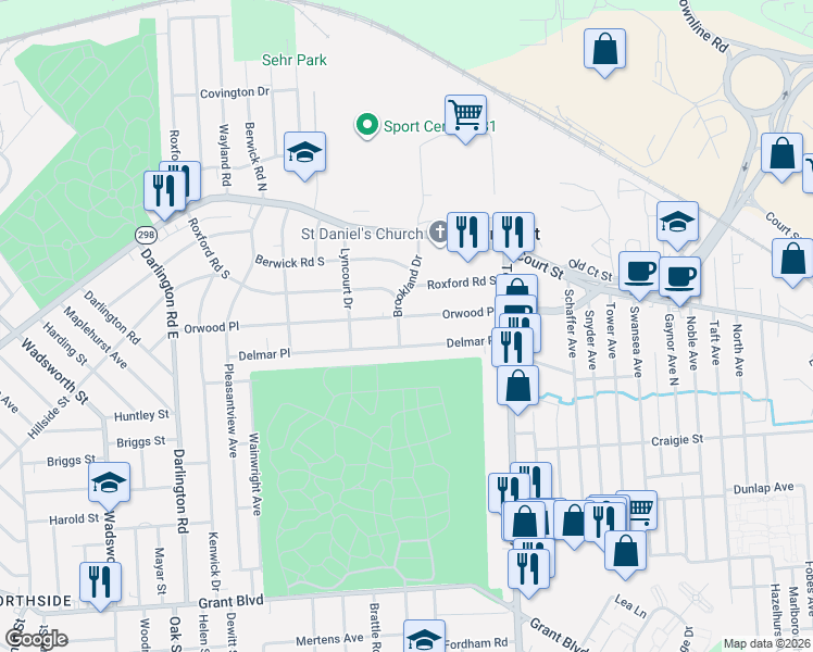 map of restaurants, bars, coffee shops, grocery stores, and more near 529 Delmar Place in Syracuse