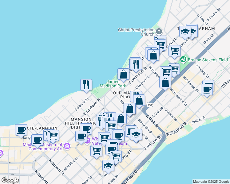 map of restaurants, bars, coffee shops, grocery stores, and more near 309 North Franklin Street in Madison