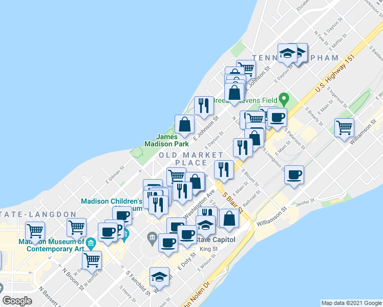 map of restaurants, bars, coffee shops, grocery stores, and more near 127 North Blair Street in Madison