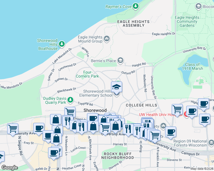 map of restaurants, bars, coffee shops, grocery stores, and more near 1120 Shorewood Boulevard in Madison