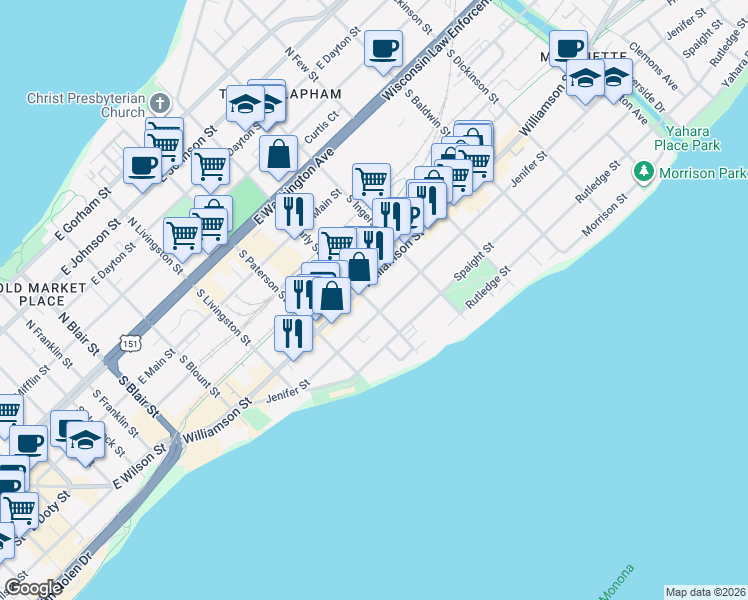 map of restaurants, bars, coffee shops, grocery stores, and more near 504 South Brearly Street in Madison