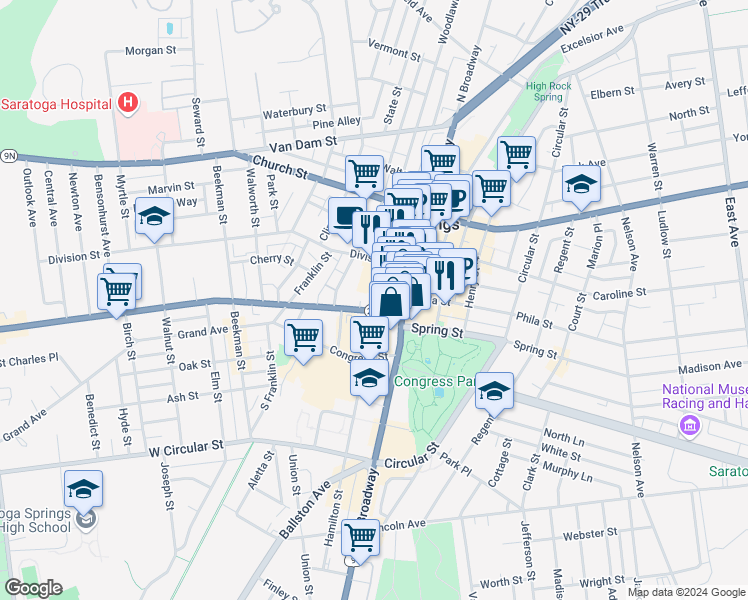 map of restaurants, bars, coffee shops, grocery stores, and more near 5 Washington Street in Saratoga Springs