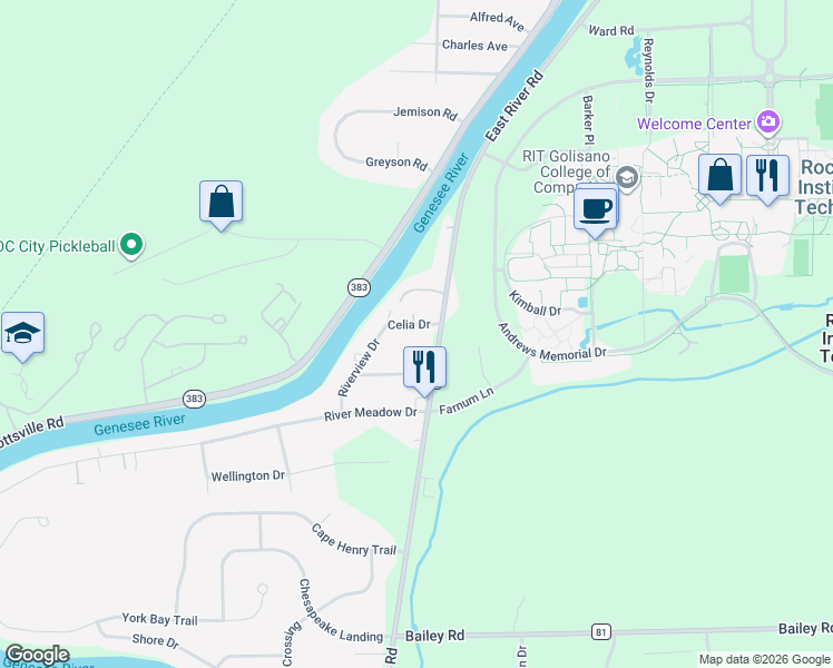 map of restaurants, bars, coffee shops, grocery stores, and more near 3205 East River Road in Rochester