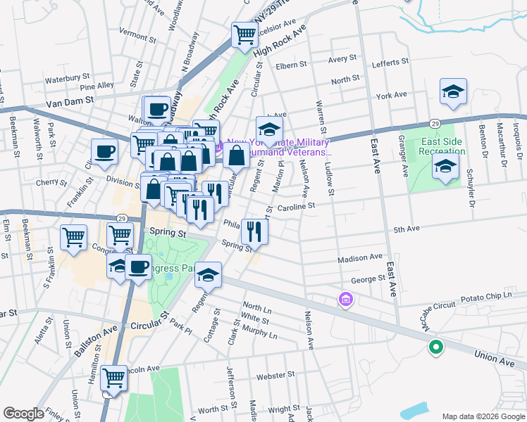 map of restaurants, bars, coffee shops, grocery stores, and more near 125 Phila Street in Saratoga Springs