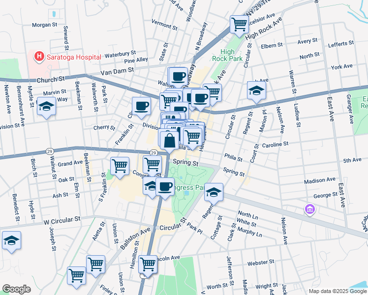 map of restaurants, bars, coffee shops, grocery stores, and more near 13 Spring Street in Saratoga Springs