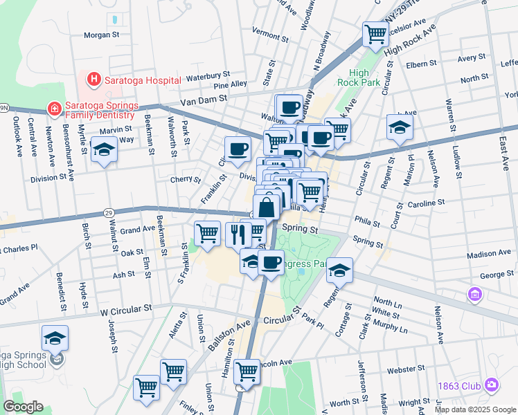 map of restaurants, bars, coffee shops, grocery stores, and more near 5 Washington Street in Saratoga Springs