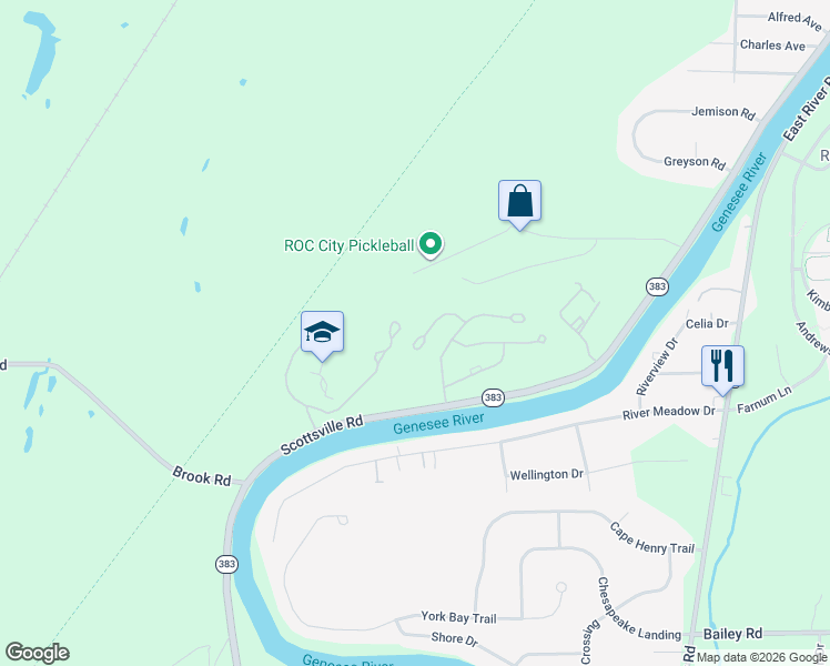 map of restaurants, bars, coffee shops, grocery stores, and more near 47 Overview Circle in Rochester