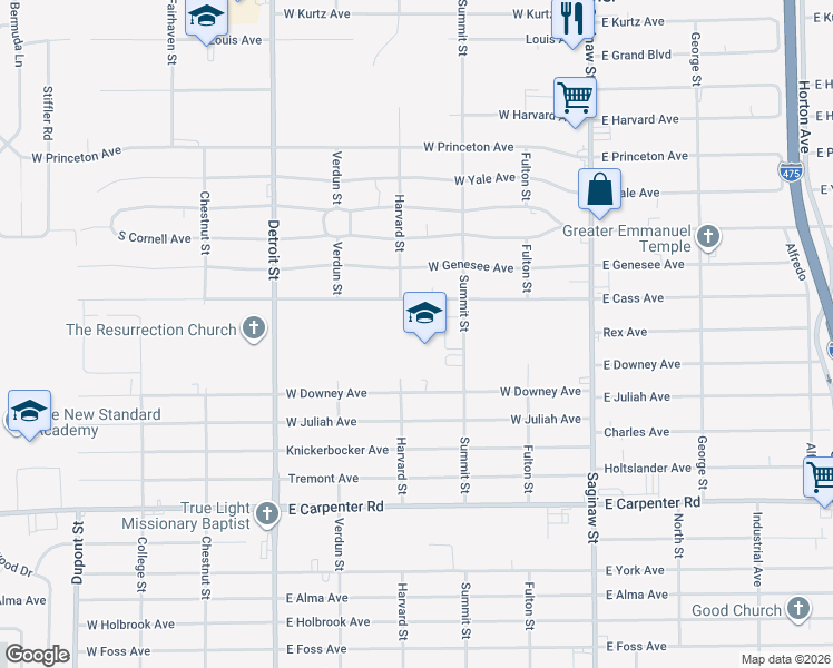 map of restaurants, bars, coffee shops, grocery stores, and more near 5159 Summit Street in Flint