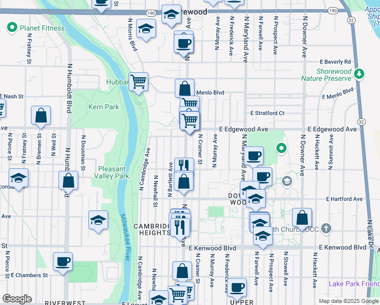 map of restaurants, bars, coffee shops, grocery stores, and more near 3421 North Oakland Avenue in Milwaukee