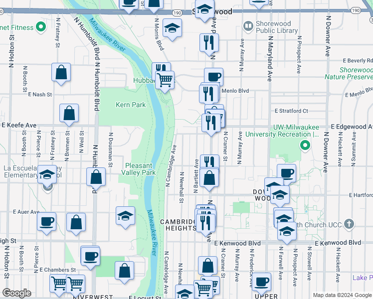 map of restaurants, bars, coffee shops, grocery stores, and more near 3423 North Bartlett Avenue in Milwaukee