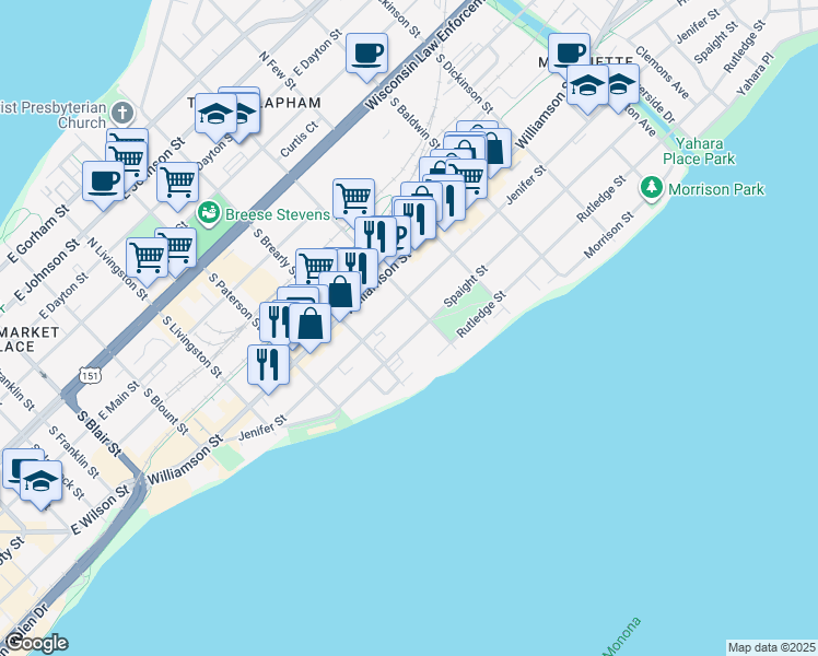 map of restaurants, bars, coffee shops, grocery stores, and more near 1026 Spaight Street in Madison