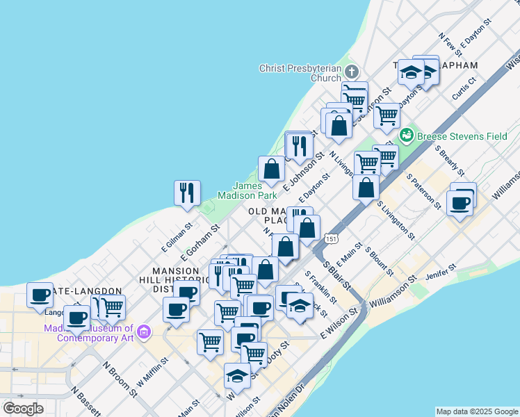map of restaurants, bars, coffee shops, grocery stores, and more near in Madison