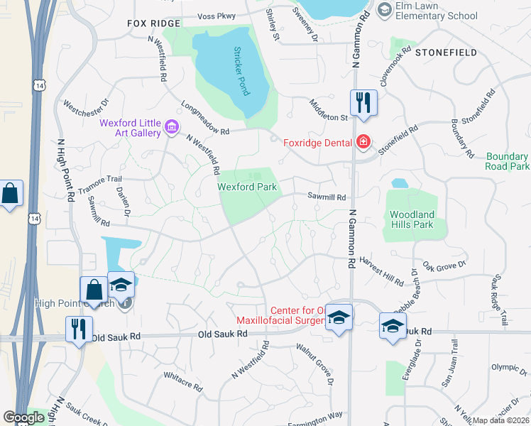 map of restaurants, bars, coffee shops, grocery stores, and more near 7305 Sawmill Road in Madison