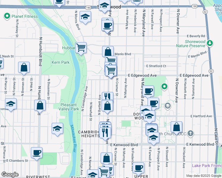 map of restaurants, bars, coffee shops, grocery stores, and more near 3438 North Oakland Avenue in Milwaukee