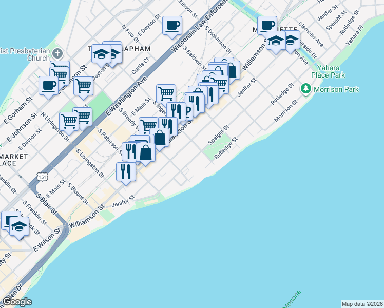 map of restaurants, bars, coffee shops, grocery stores, and more near 1026 Spaight Street in Madison