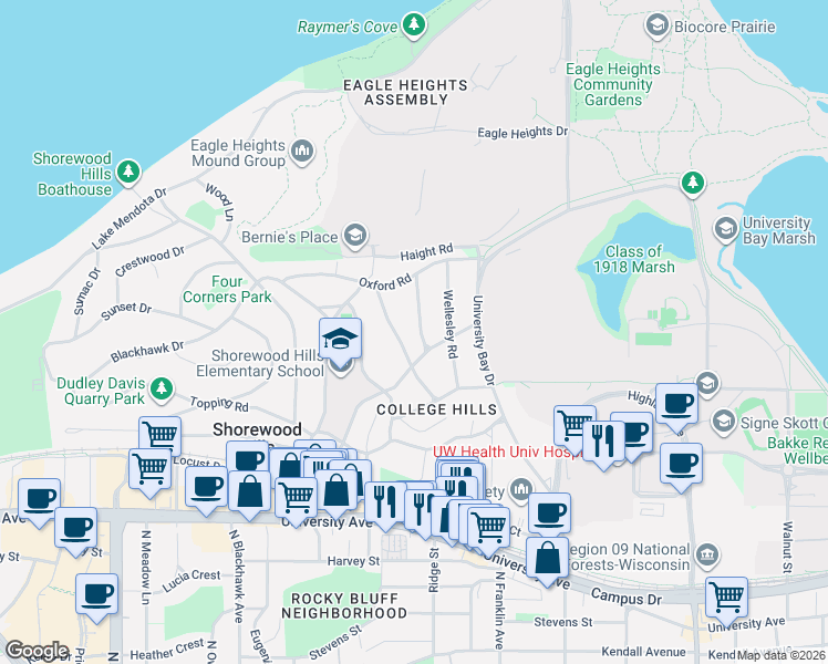 map of restaurants, bars, coffee shops, grocery stores, and more near 2805 Columbia Road in Madison