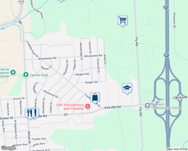map of restaurants, bars, coffee shops, grocery stores, and more near 6377 Carson Drive in East Syracuse