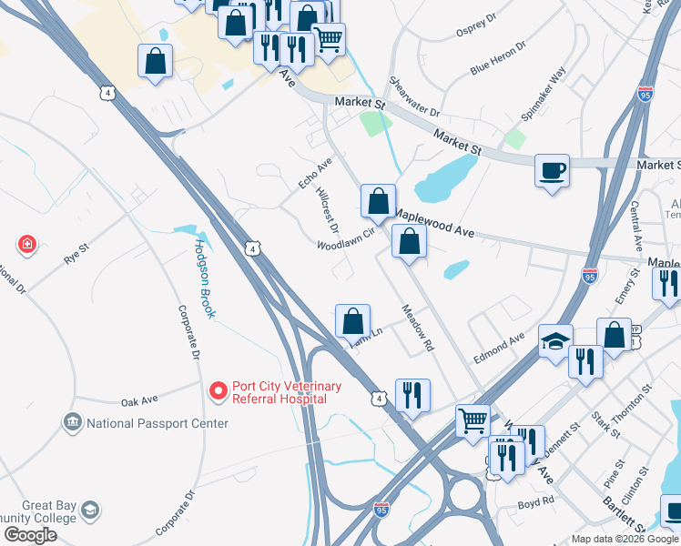 map of restaurants, bars, coffee shops, grocery stores, and more near 75 Longmeadow Lane in Portsmouth