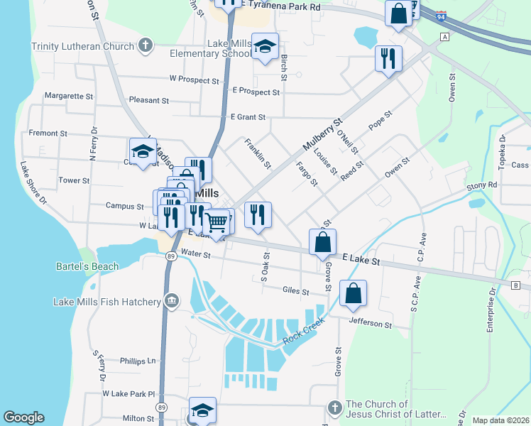map of restaurants, bars, coffee shops, grocery stores, and more near 303 East Oak Street in Lake Mills