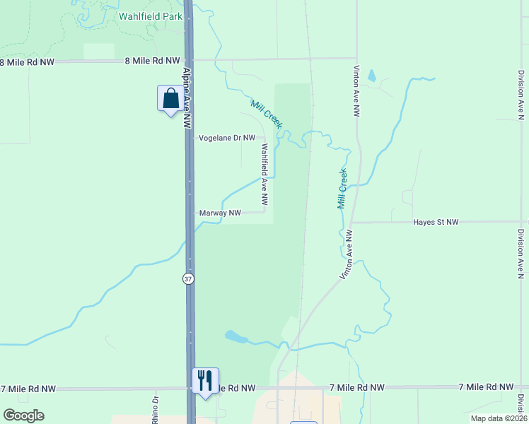 map of restaurants, bars, coffee shops, grocery stores, and more near 600 Marway Northwest in Comstock Park