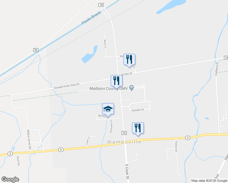 map of restaurants, bars, coffee shops, grocery stores, and more near 135 County Highway 10 in Wampsville