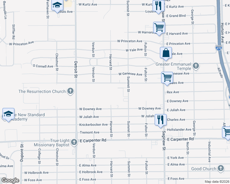 map of restaurants, bars, coffee shops, grocery stores, and more near 5159 Summit Street in Flint