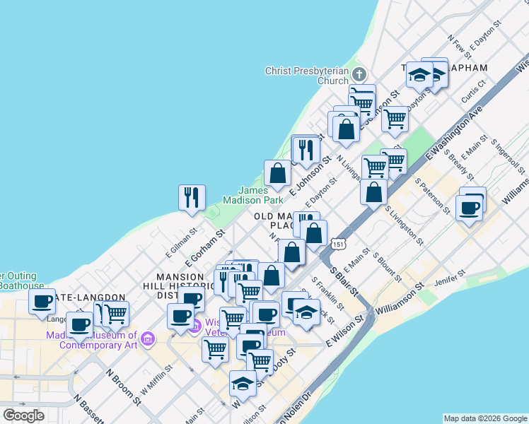 map of restaurants, bars, coffee shops, grocery stores, and more near 147 North Franklin Street in Madison