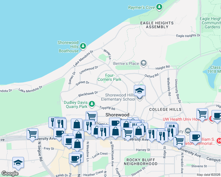map of restaurants, bars, coffee shops, grocery stores, and more near 3404 Circle Close in Madison