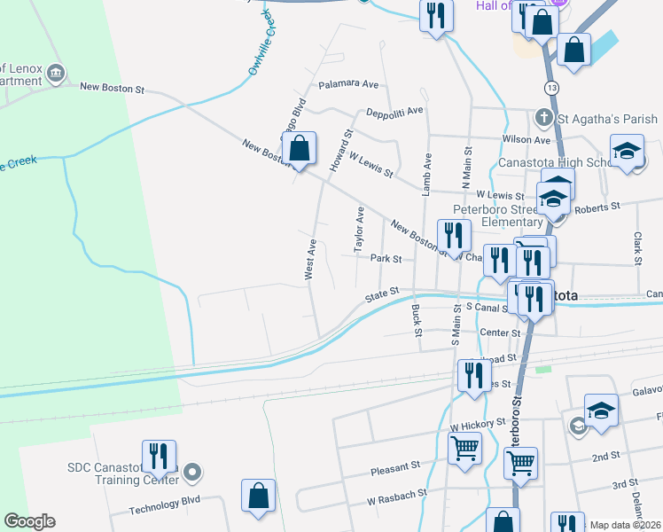 map of restaurants, bars, coffee shops, grocery stores, and more near 216-218 Kay Circle in Canastota