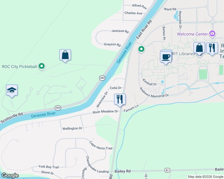 map of restaurants, bars, coffee shops, grocery stores, and more near 11 Celia Drive in Rochester