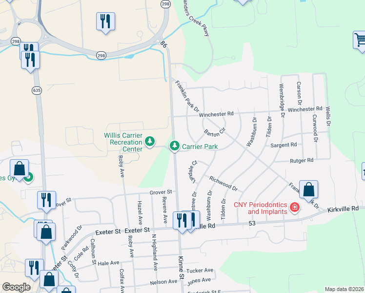 map of restaurants, bars, coffee shops, grocery stores, and more near 102 Altmont Drive in East Syracuse