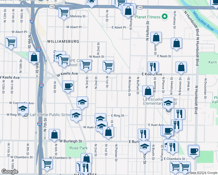 map of restaurants, bars, coffee shops, grocery stores, and more near 3410 North 1st Street in Milwaukee