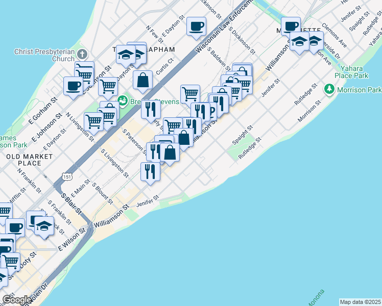 map of restaurants, bars, coffee shops, grocery stores, and more near 411 South Brearly Street in Madison