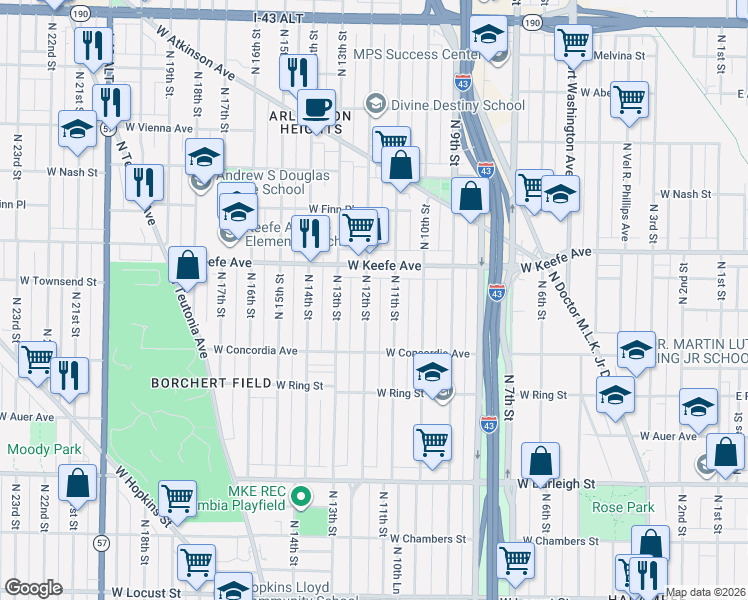 map of restaurants, bars, coffee shops, grocery stores, and more near 3347 North 11th Street in Milwaukee