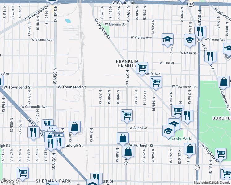 map of restaurants, bars, coffee shops, grocery stores, and more near 3336A North 29th Street in Milwaukee