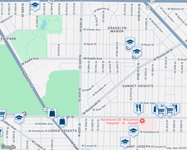 map of restaurants, bars, coffee shops, grocery stores, and more near 3320 North 58th Street in Milwaukee