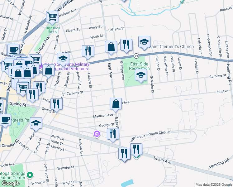 map of restaurants, bars, coffee shops, grocery stores, and more near 43 5th Avenue in Saratoga Springs