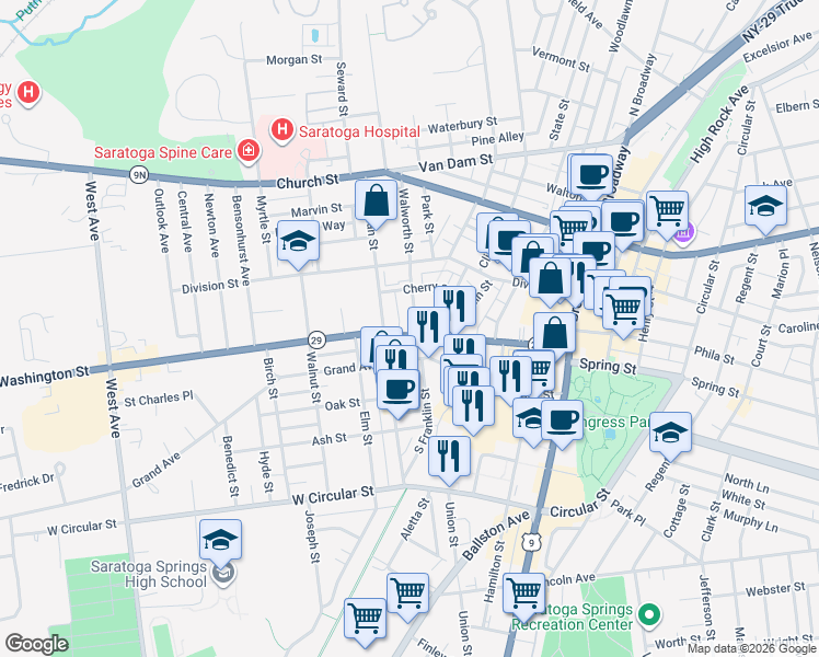 map of restaurants, bars, coffee shops, grocery stores, and more near 9 Dublin Square Lane in Saratoga Springs