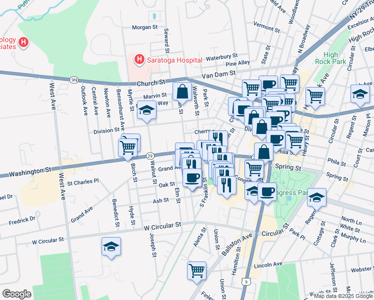 map of restaurants, bars, coffee shops, grocery stores, and more near 9 Dublin Square Lane in Saratoga Springs