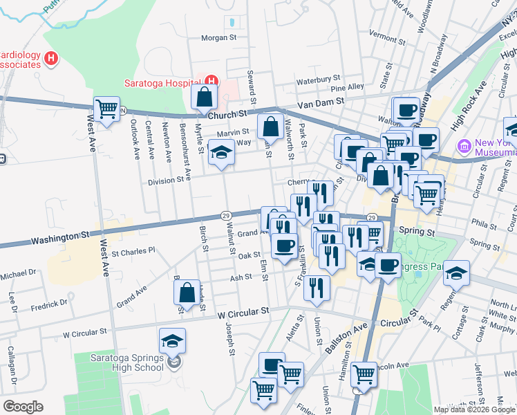map of restaurants, bars, coffee shops, grocery stores, and more near 219 Elm Street in Saratoga Springs