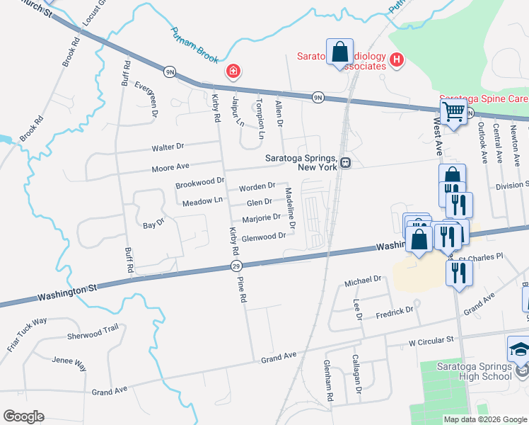 map of restaurants, bars, coffee shops, grocery stores, and more near 7 Marjorie Drive in Saratoga Springs