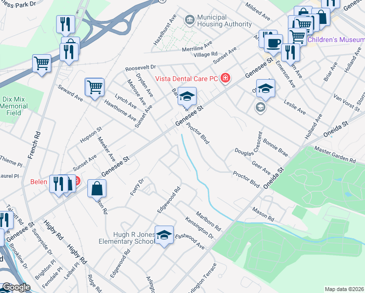 map of restaurants, bars, coffee shops, grocery stores, and more near 25 Beverly Place in Utica