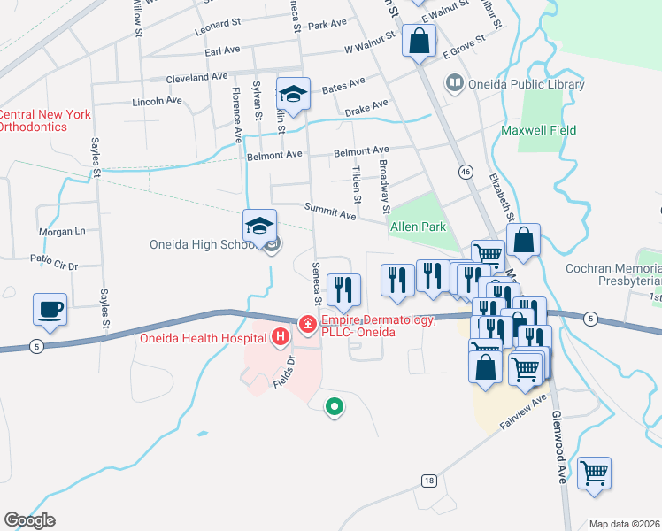 map of restaurants, bars, coffee shops, grocery stores, and more near 225 Maple Drive in Oneida