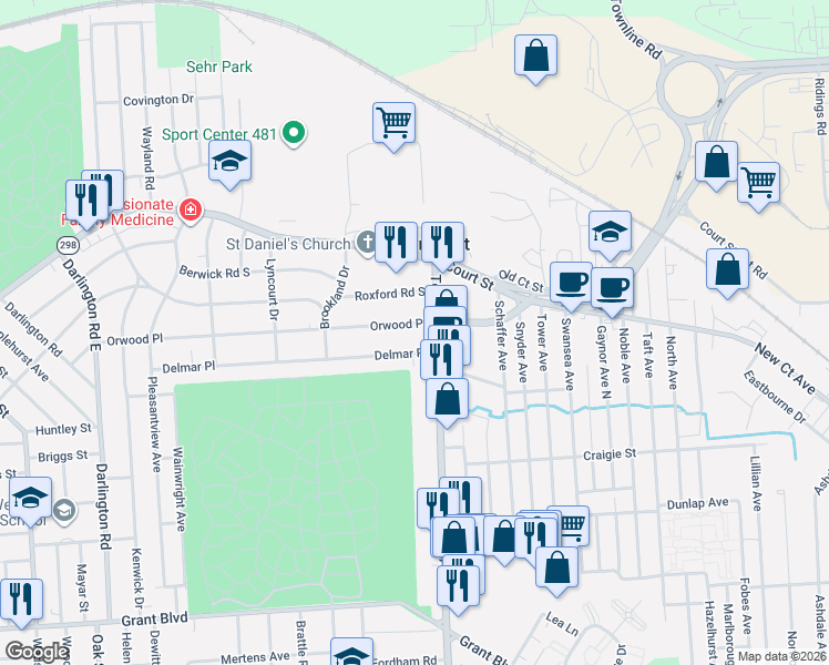 map of restaurants, bars, coffee shops, grocery stores, and more near 634 Delmar Place in Syracuse