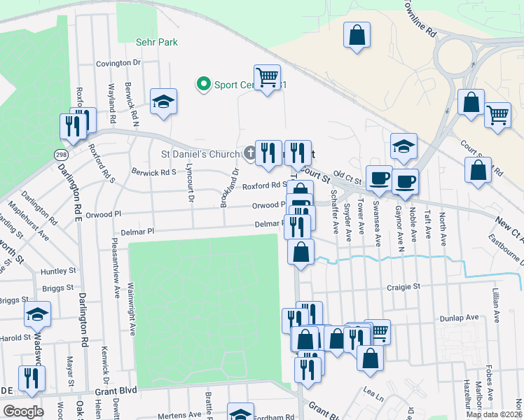 map of restaurants, bars, coffee shops, grocery stores, and more near 634 Delmar Place in Syracuse