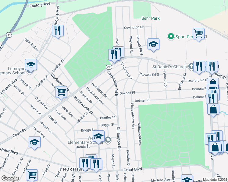 map of restaurants, bars, coffee shops, grocery stores, and more near 108 Orwood Place in Syracuse