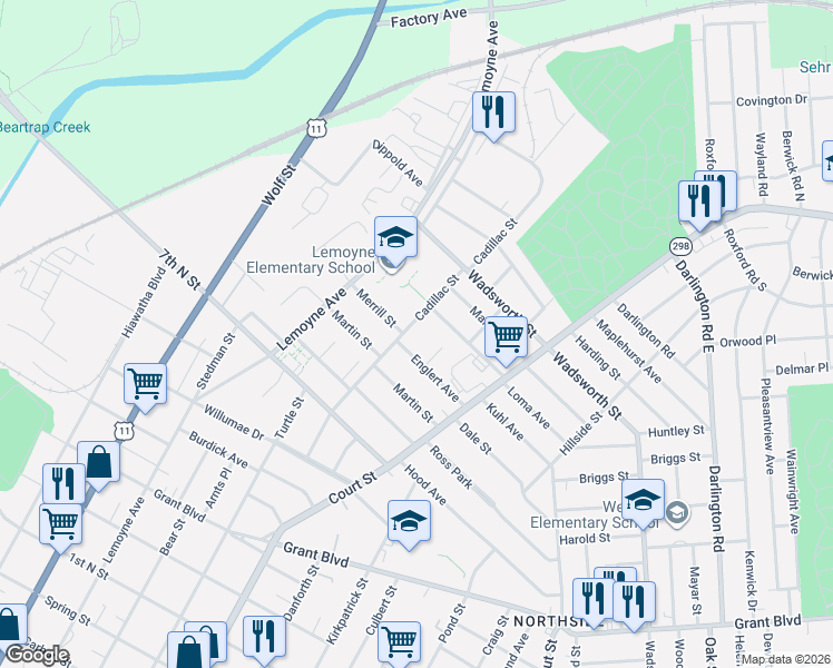 map of restaurants, bars, coffee shops, grocery stores, and more near 101 Saint Marys Terrace in Syracuse
