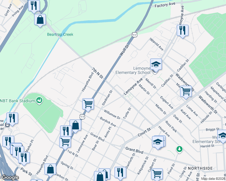 map of restaurants, bars, coffee shops, grocery stores, and more near 208 Stedman Street in Syracuse